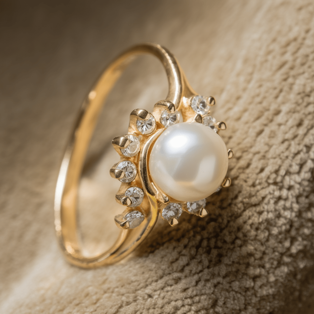 Anel em Ouro com Pérola e Zircónias (T19) - Loja do Ouro