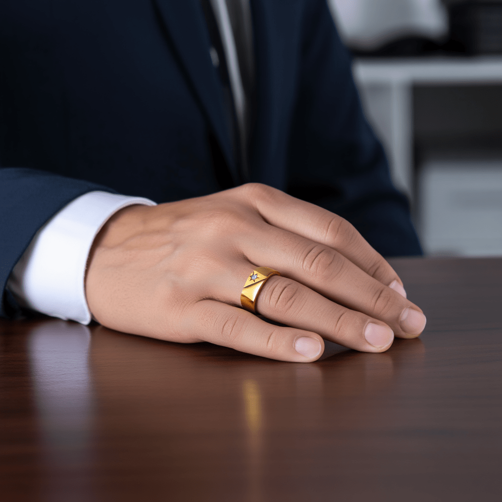 Anel Mesa Retangular em Ouro 19kl com Estrela e Zircónia (T26) - Loja do Ouro