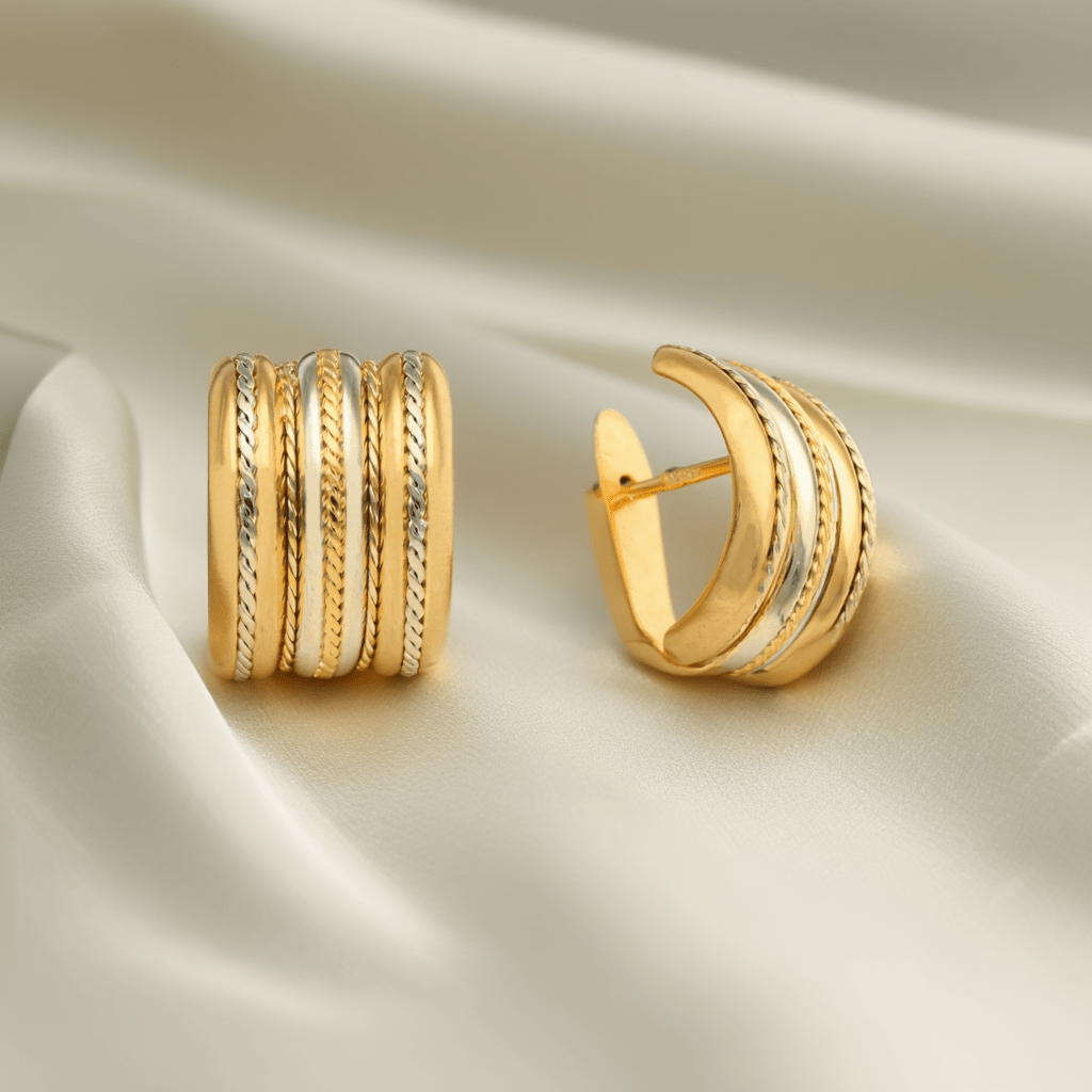 Brincos Três Fiadas em Ouro Bicolor 19kl e Efeito Corda - Loja do Ouro
